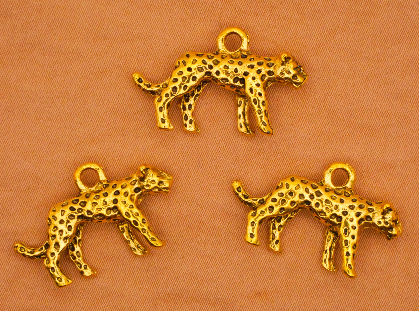 Cheetah Leopard Big Cat Gold Metal Set of Three Charms Embellishments 15x23mm