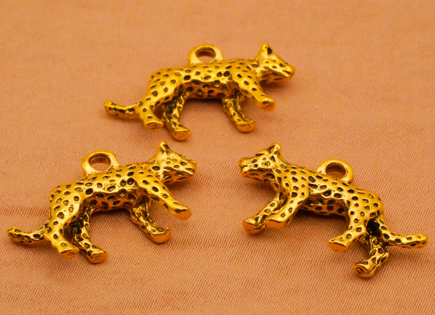 Cheetah Leopard Big Cat Gold Metal Set of Three Charms Embellishments 15x23mm