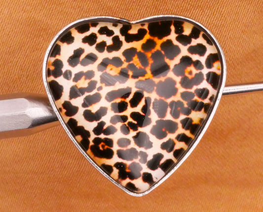 Cheetah Leopard Heart Plastic Silver Metal Button 21mm