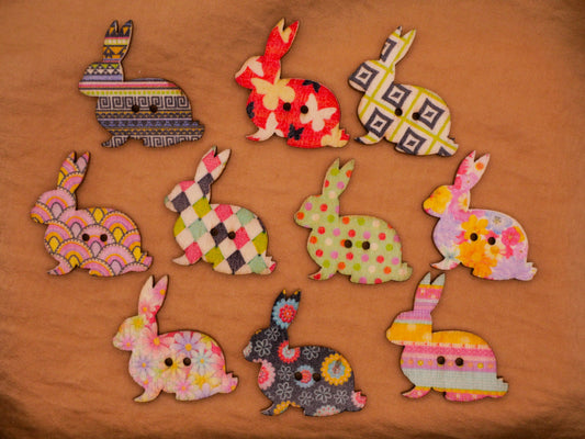Bunny Rabbit Colorful Patterns Wood Set of Ten Buttons 30mm