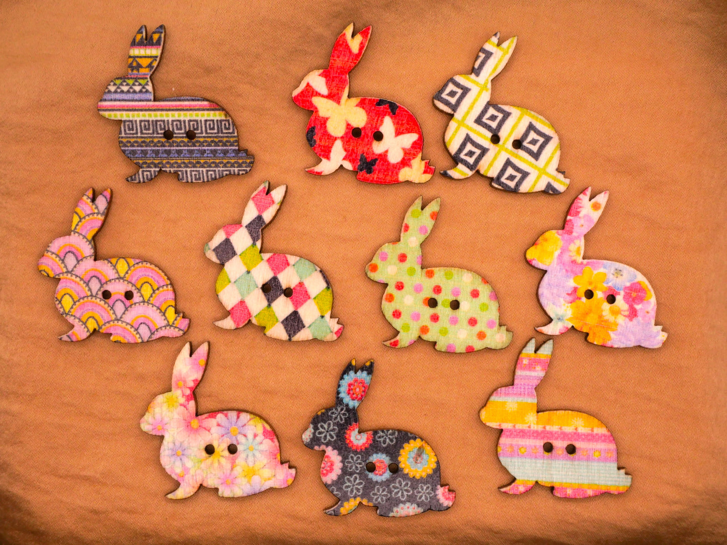 Bunny Rabbit Colorful Patterns Wood Set of Ten Buttons 30mm