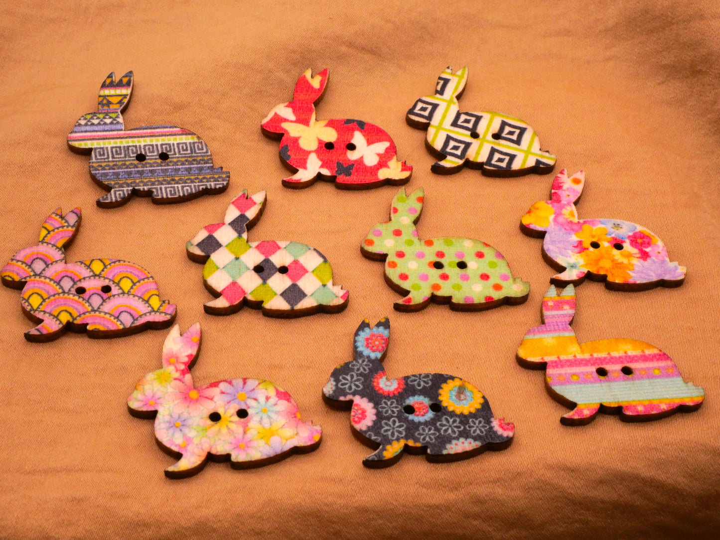 Bunny Rabbit Colorful Patterns Wood Set of Ten Buttons 30mm