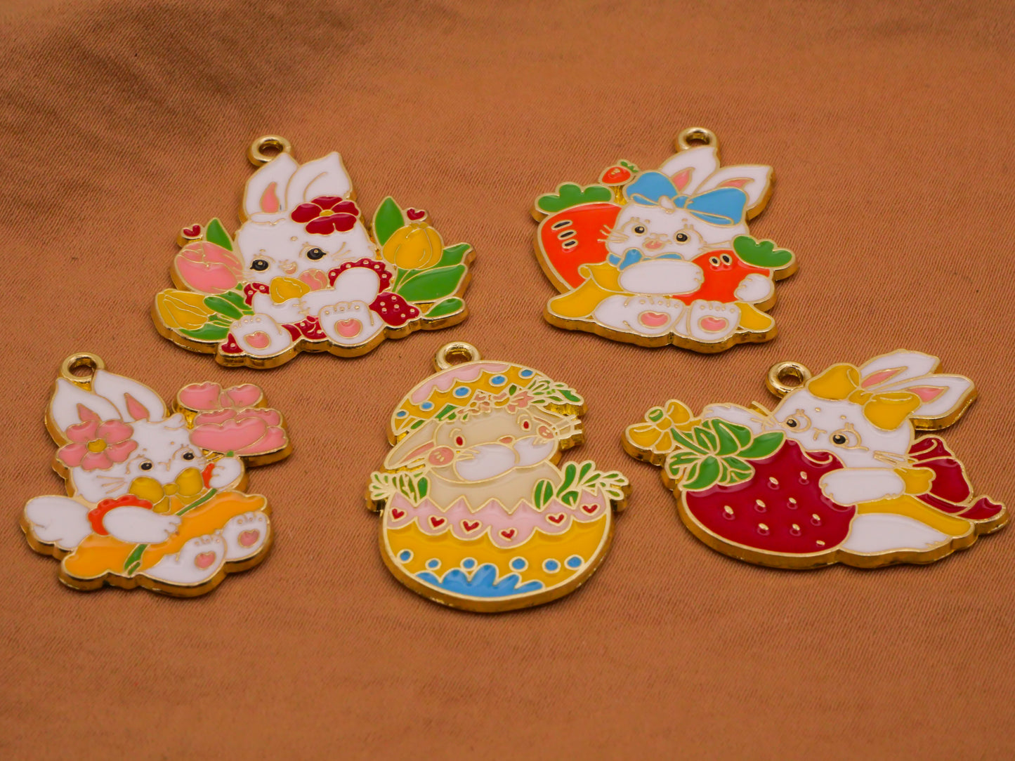 Bunny Rabbit Easter Enamel Metal Set of Five Charms Embellishments 22-32mm