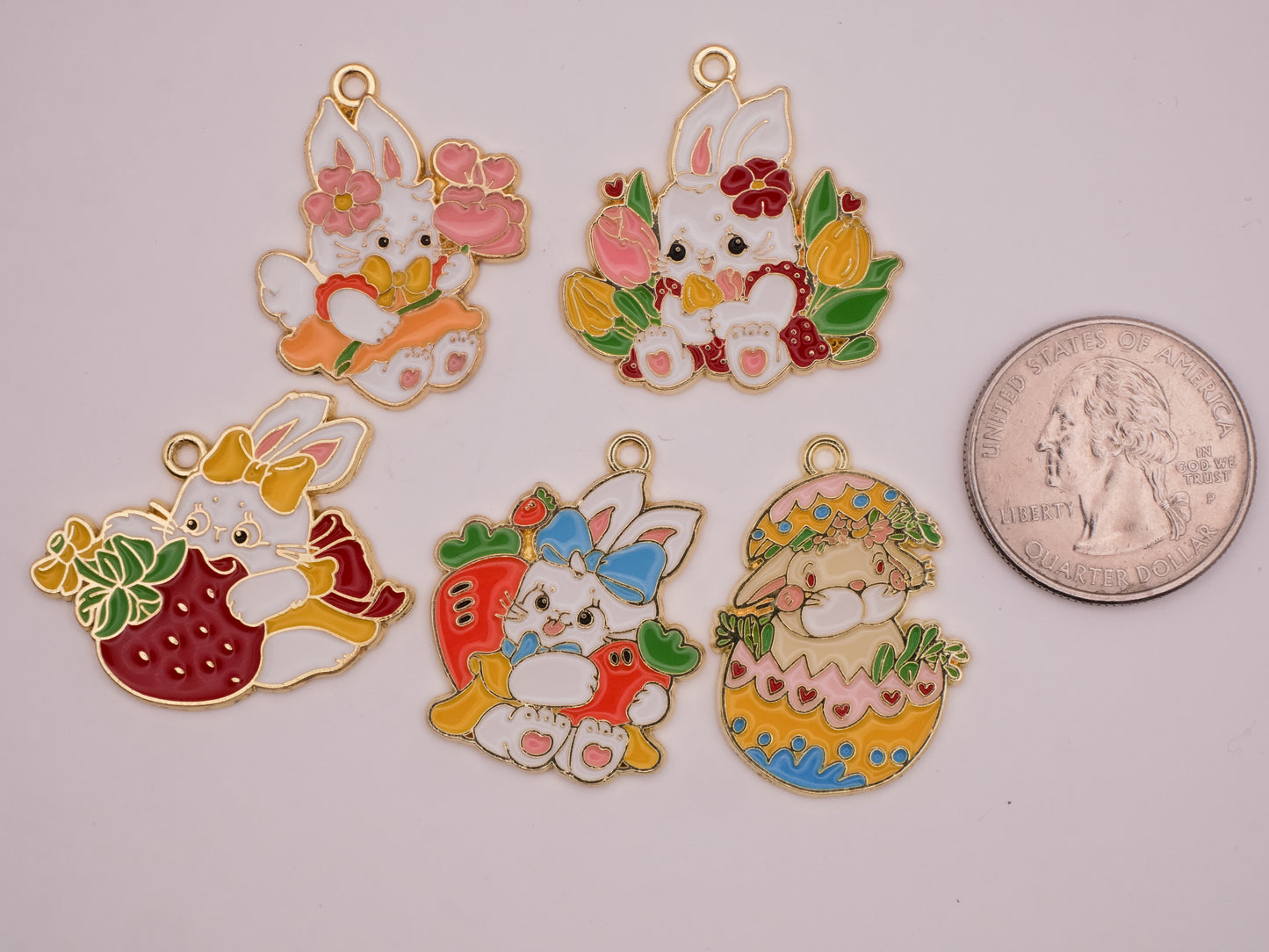 Bunny Rabbit Easter Enamel Metal Set of Five Charms Embellishments 22-32mm
