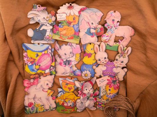 Easter Card Reproductions Wood Set of Twelve Ornaments Decorations 50-83mm