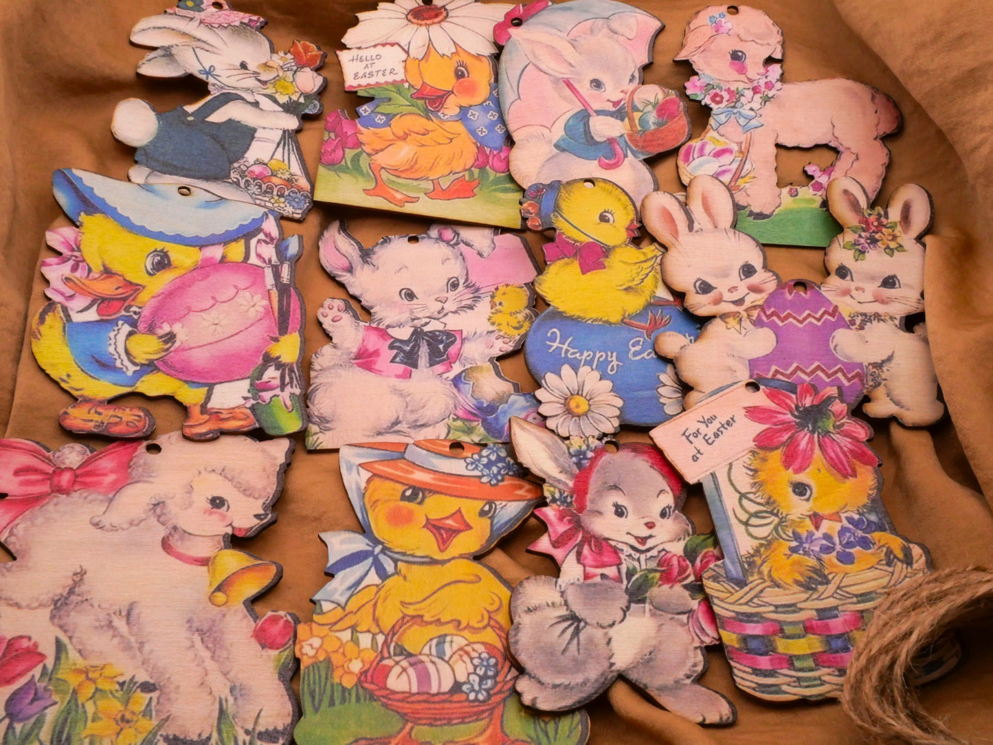 Easter Card Reproductions Wood Set of Twelve Ornaments Decorations 50-83mm