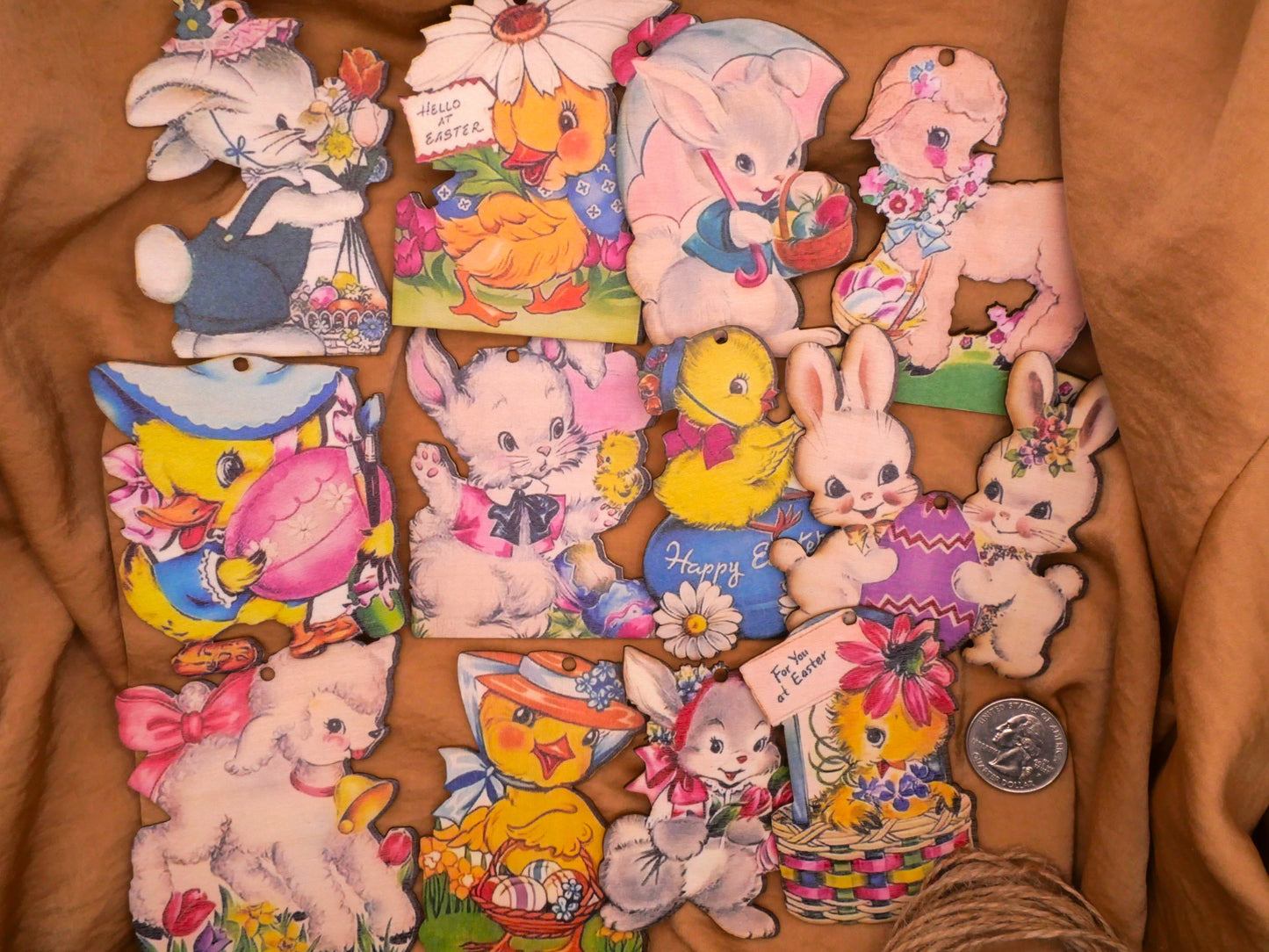 Easter Card Reproductions Wood Set of Twelve Ornaments Decorations 50-83mm