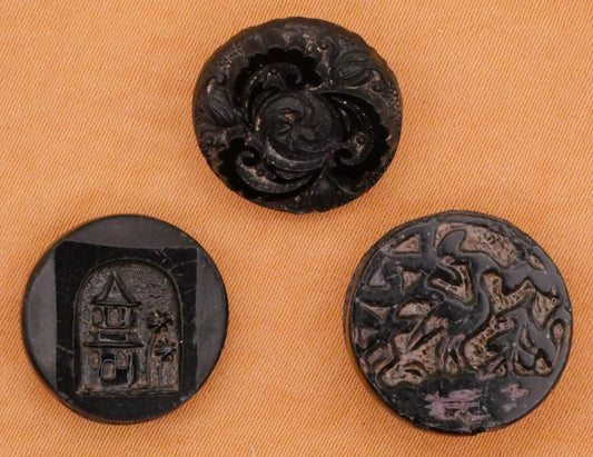 Mirror Finish Black Glass Scenes or Flowers Button Various 16-17mm