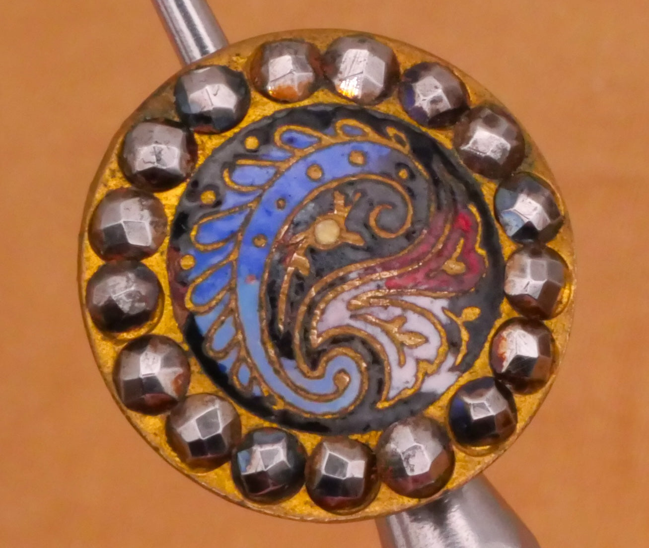 Paisley Enamel Champleve Cloisonne Steel-Cut Frame Victorian Metal Button Various 16mm
