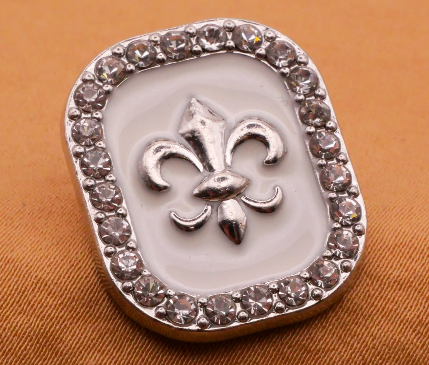 Fleur De Lis Enamel Rhinestone Frame Silver Metal Button 19x23mm