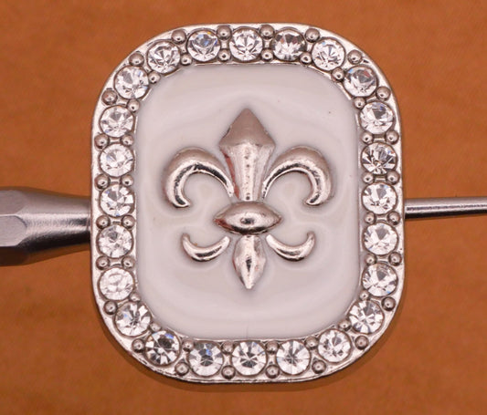 Fleur De Lis Enamel Rhinestone Frame Silver Metal Button 19x23mm