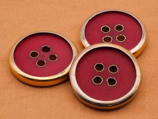Red Plastic Gold Metal Set of Three Buttons 19mm