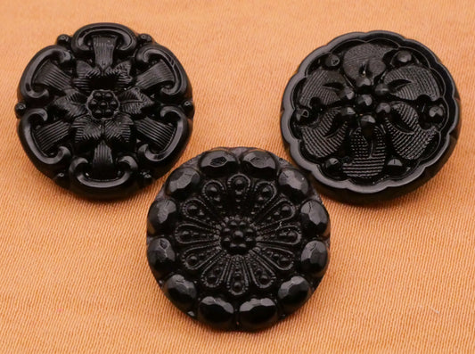 Flower Intricate Black Glass Vintage Button Various 18mm