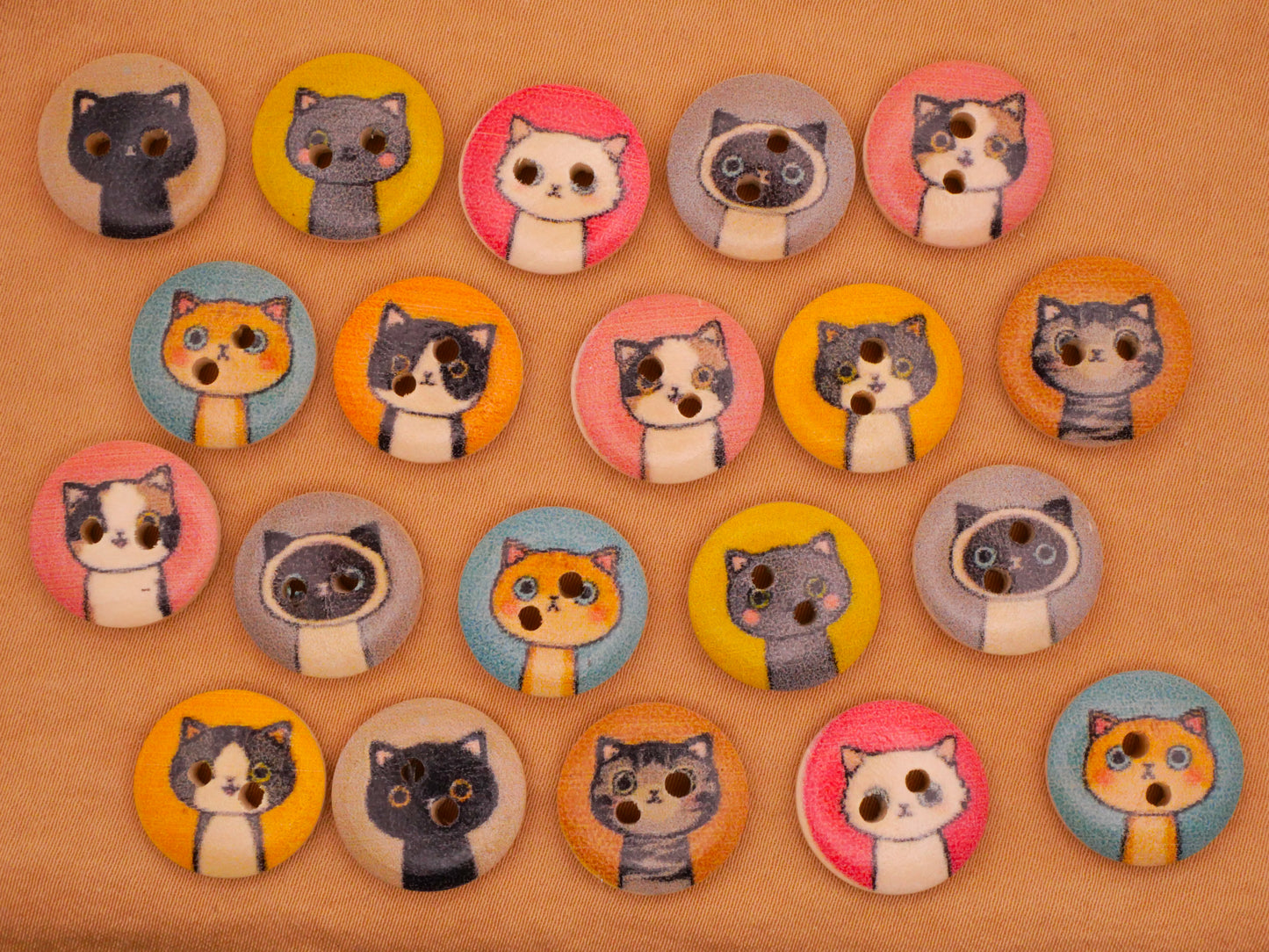 Cat Kitty Portraits Wood Set of Twenty Buttons 15mm