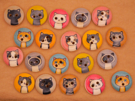 Cat Kitty Portraits Wood Set of Twenty Buttons 15mm
