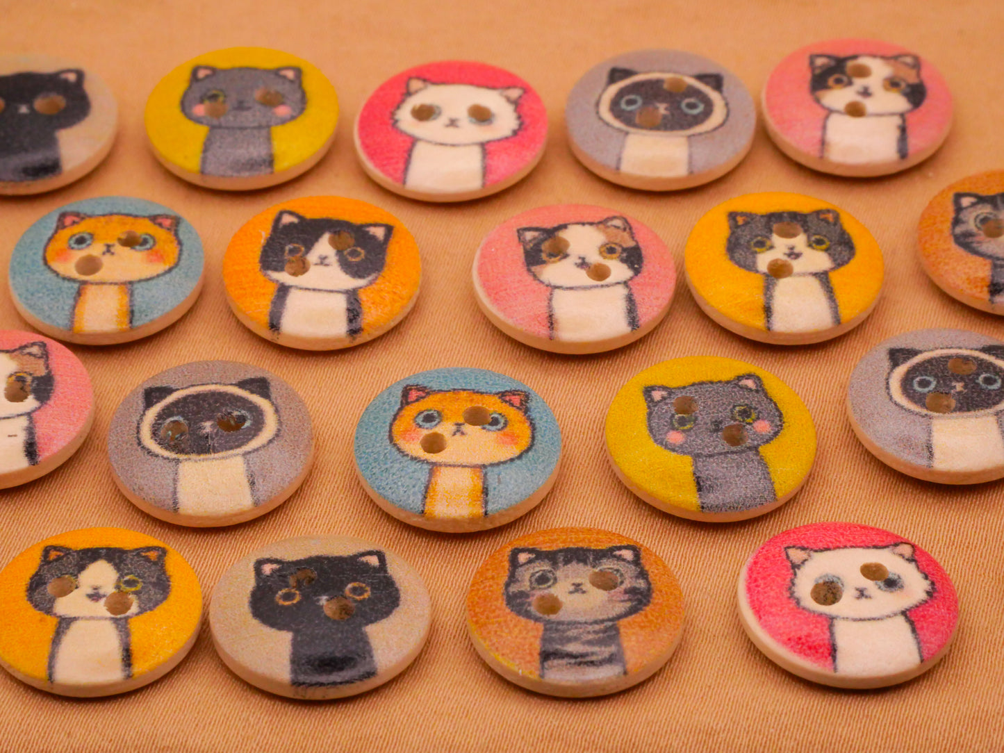 Cat Kitty Portraits Wood Set of Twenty Buttons 15mm