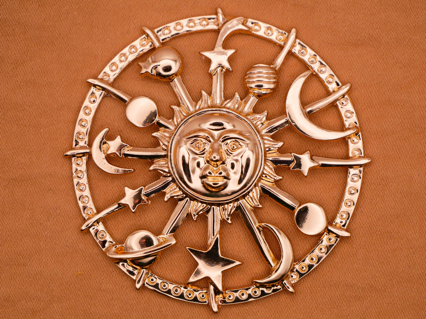 Sun Celestial Planets Stars Moons Large Gold Metal Button 51mm