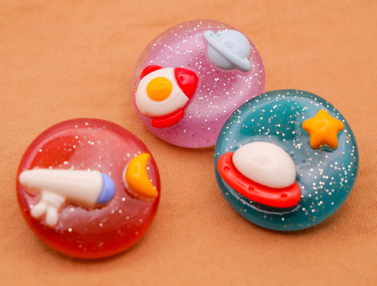 Outer Space Rocket Astronaut UFO Plastic Assorted Set of Three Buttons 24mm