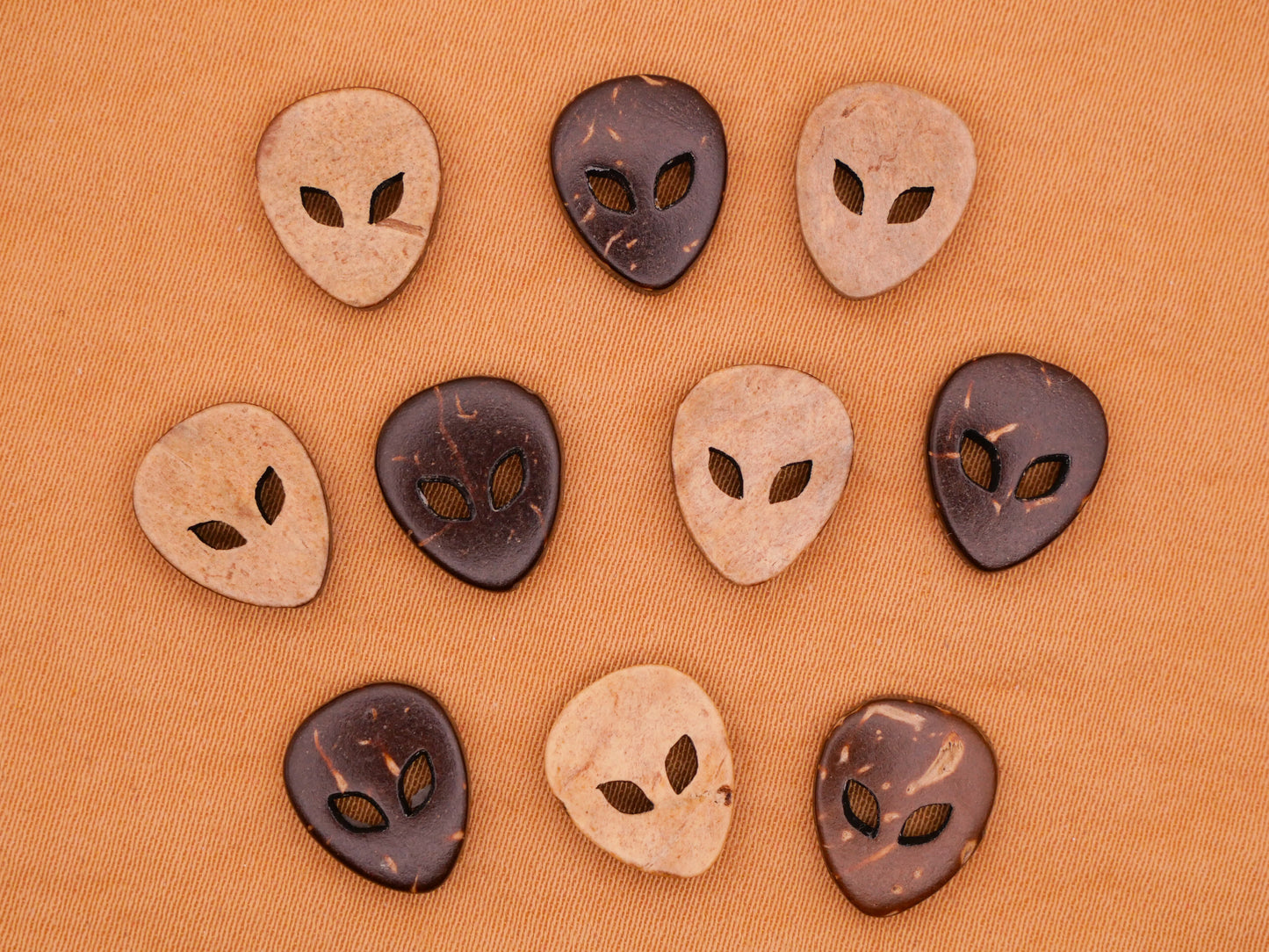 Alien Face Sew-Thru Coconut Shell Set of Ten Buttons 10x11mm