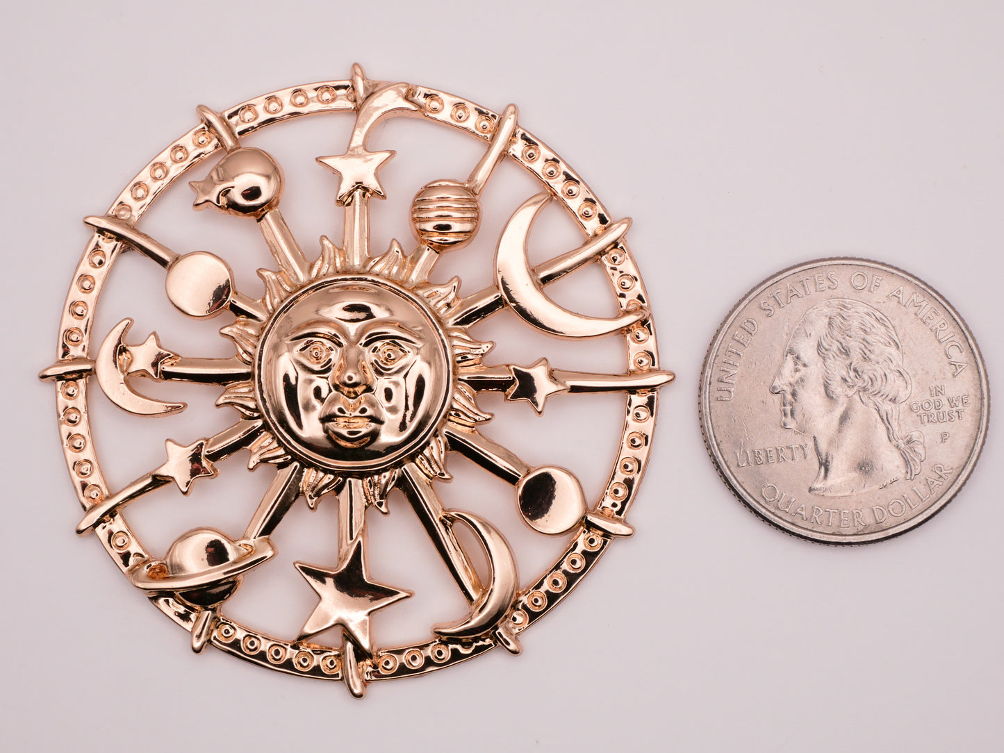 Sun Celestial Planets Stars Moons Large Gold Metal Button 51mm