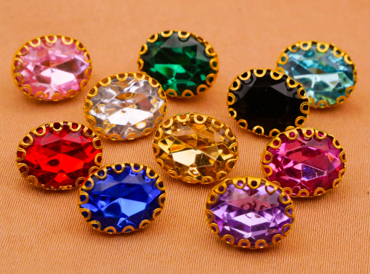 Rhinestone Plastic Oval Gold Metal Assorted Set of Five Buttons 9x11mm