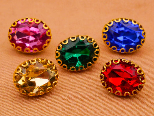 Rhinestone Plastic Oval Gold Metal Assorted Set of Five Buttons 9x11mm