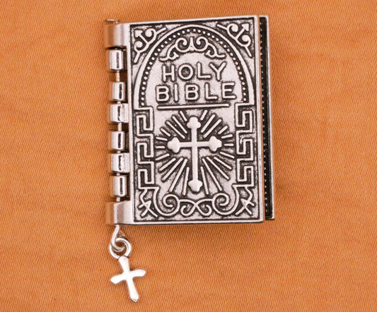 Holy Bible Cross Hinged Moveable Realistic Silver Metal Large Button 23x40mm