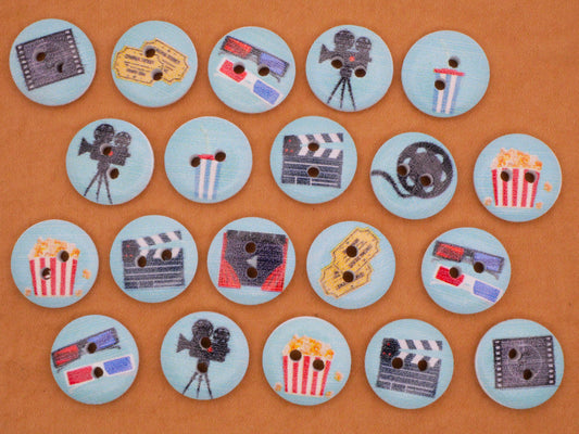 Movie Theater Themed Wood Set of Twenty Buttons 15mm