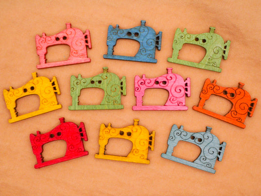 Sewing Machine Colorful Laser Cut Wood Assorted Set of Ten Buttons 20x26mm