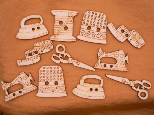 Sewing Seamstress Laser Cut Wood Assorted Set of Ten Buttons 16-40mm