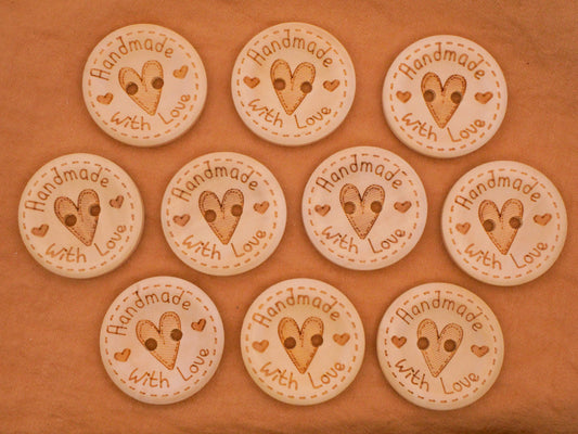 Handmade With Love Heart Wood Set of Ten Buttons 25mm