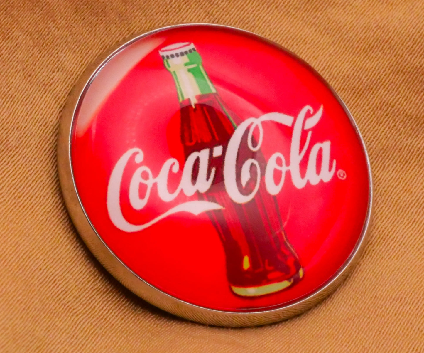 Coca-Cola Retro Coke Bottle Advertisement Glass Dome Silver Metal Button 27mm