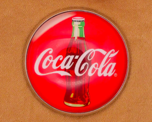 Coca-Cola Retro Coke Bottle Advertisement Glass Dome Silver Metal Button 27mm
