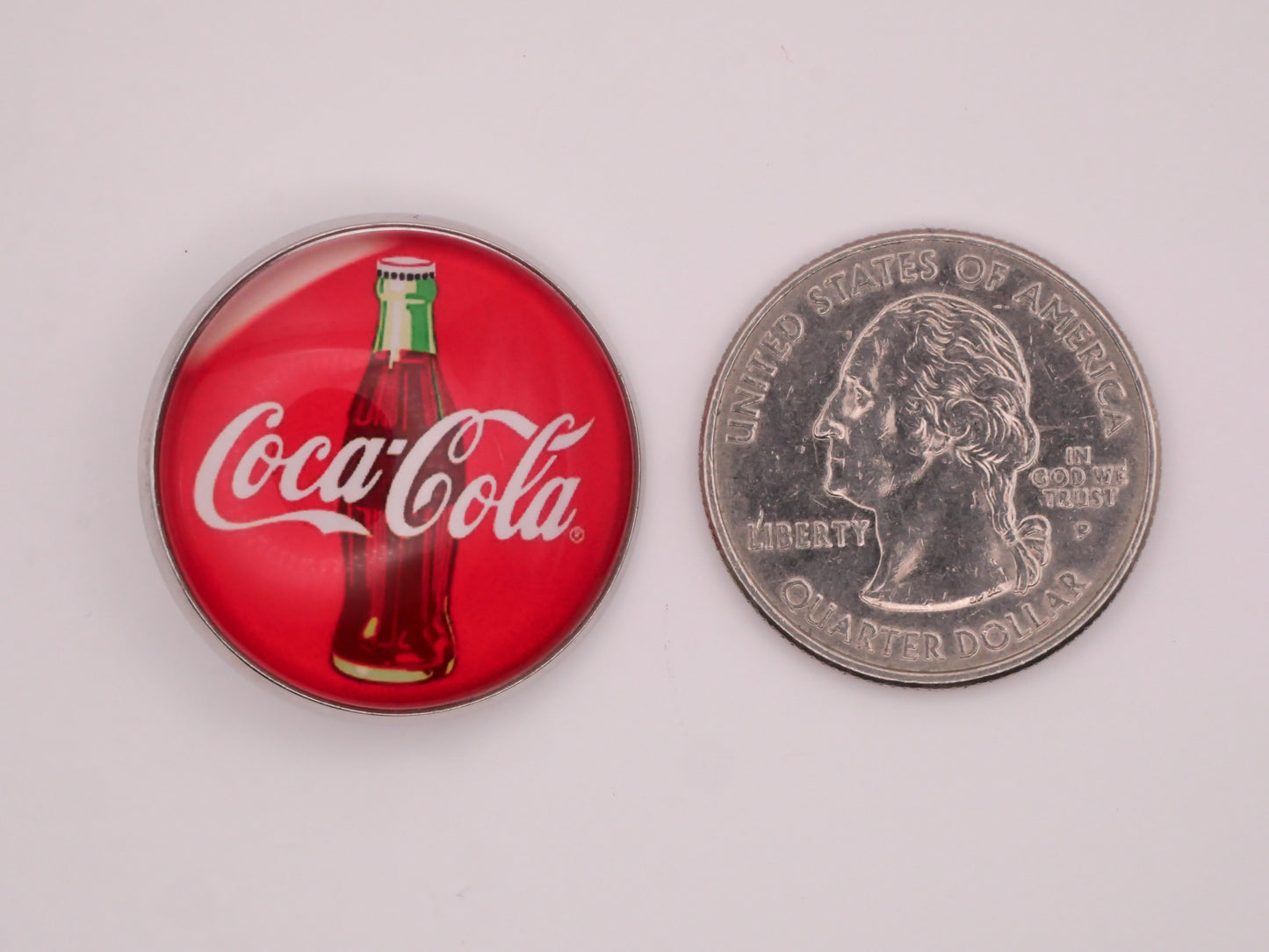 Coca-Cola Retro Coke Bottle Advertisement Glass Dome Silver Metal Button 27mm