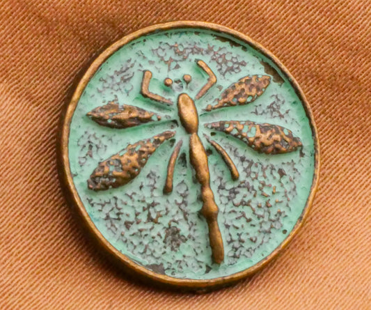 Dragonfly Insect Green Patina Metal Button 17mm