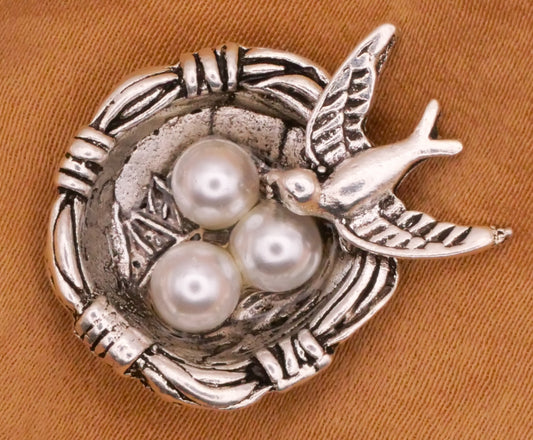 Bird Nest Pearl Eggs Silver Metal Button 19x24mm