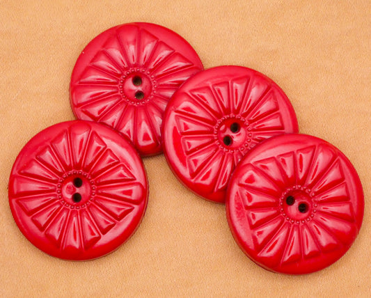 Diamond Sunburst Deco Red Plastic Set of Four Buttons 25mm
