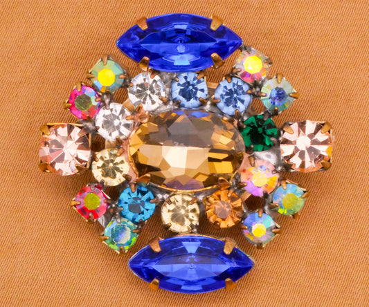 Czech Rhinestone Blue Green Taupe Glass Metal Large Button 34x35mm