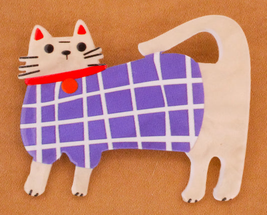 White Cat Kitty Plaid Blue Sweater Large Plastic Button 36x45mm