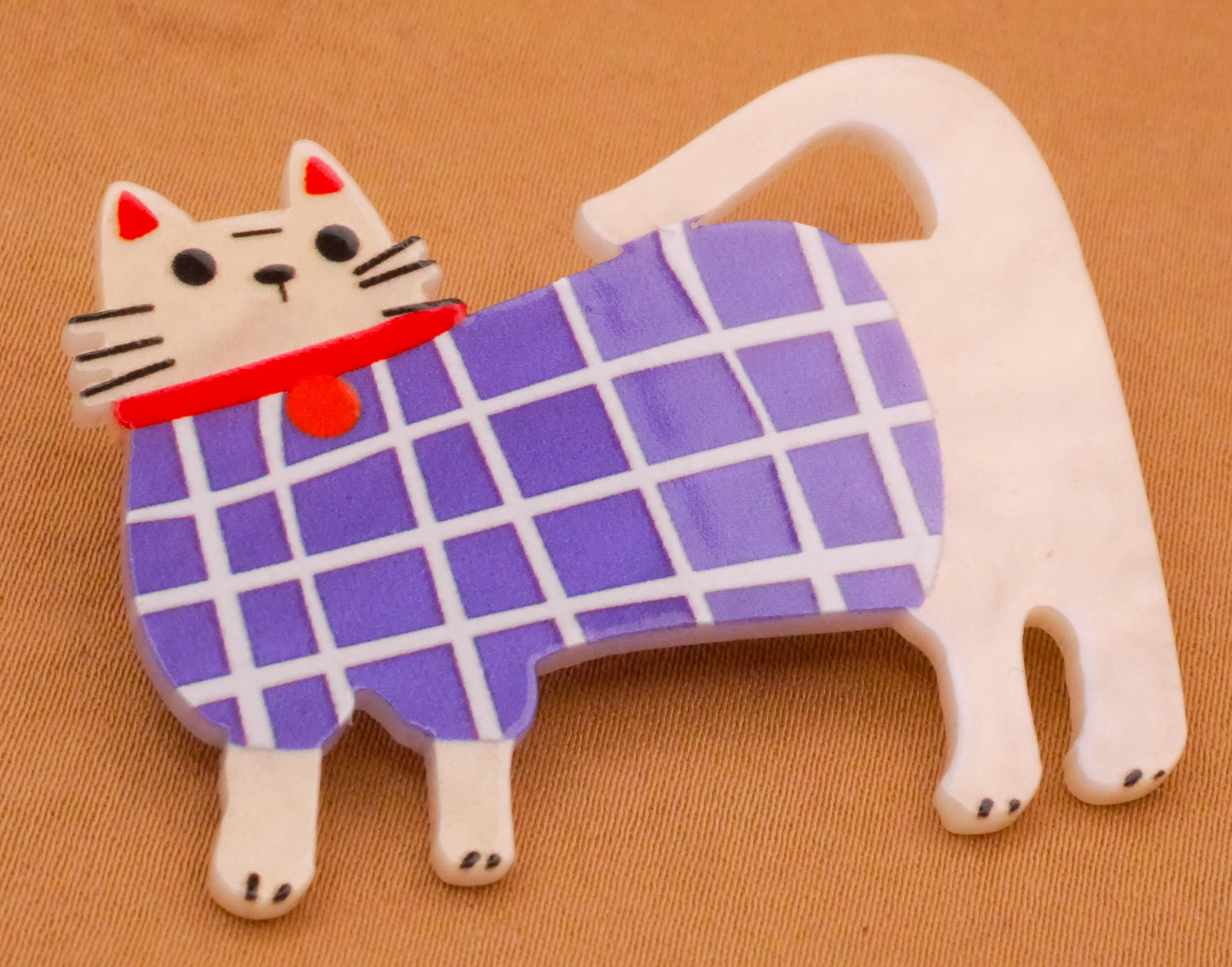 White Cat Kitty Plaid Blue Sweater Large Plastic Button 36x45mm