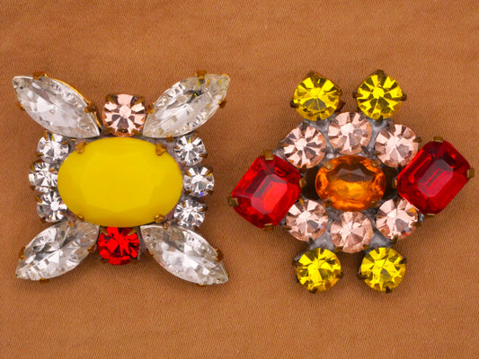 Yellow Orange Czech Glass Rhinestone Vintage Metal Button Various 32-35mm