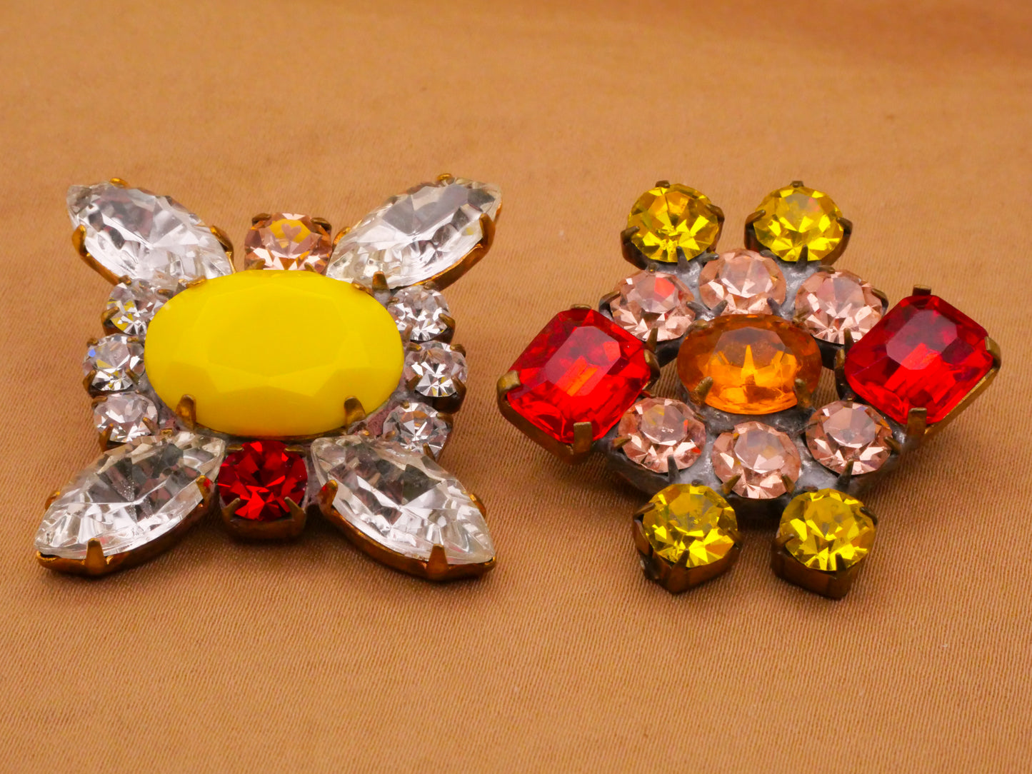 Yellow Orange Czech Glass Rhinestone Vintage Metal Button Various 32-35mm