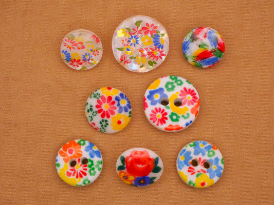 Primary Retro Flowers or Abstract Plastic Button Various 11-16mm