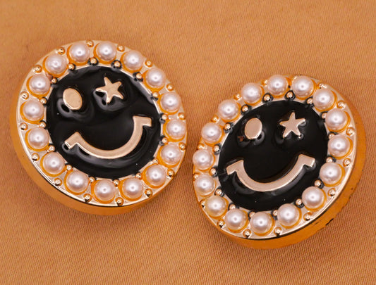 Smiley Face Winking Faux Pearl Enamel Gold Plastic Pair of Buttons 25mm