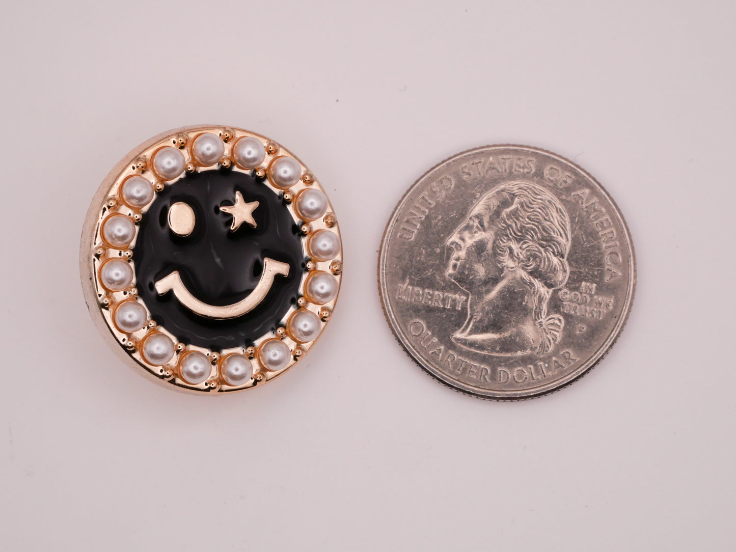 Smiley Face Winking Faux Pearl Enamel Gold Plastic Pair of Buttons 25mm