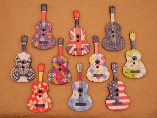 Guitar Pattern Design Wood Assorted Set of Ten Buttons 18x36mm