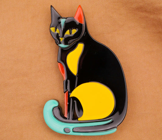 Mod Black Kitty Cat Colorblock Large Acrylic Plastic Button 41x65mm