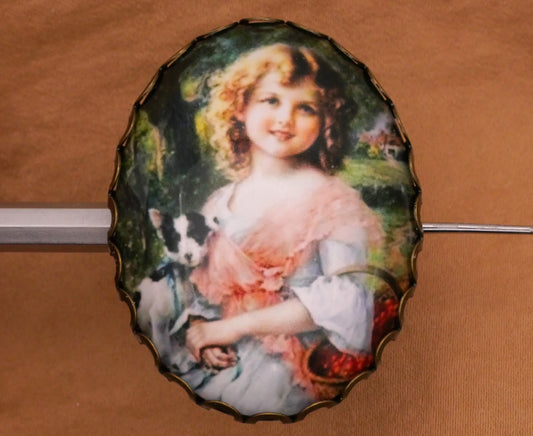 Little Girl Child with Puppy Dog Large Glass Metal Button 31x41mm