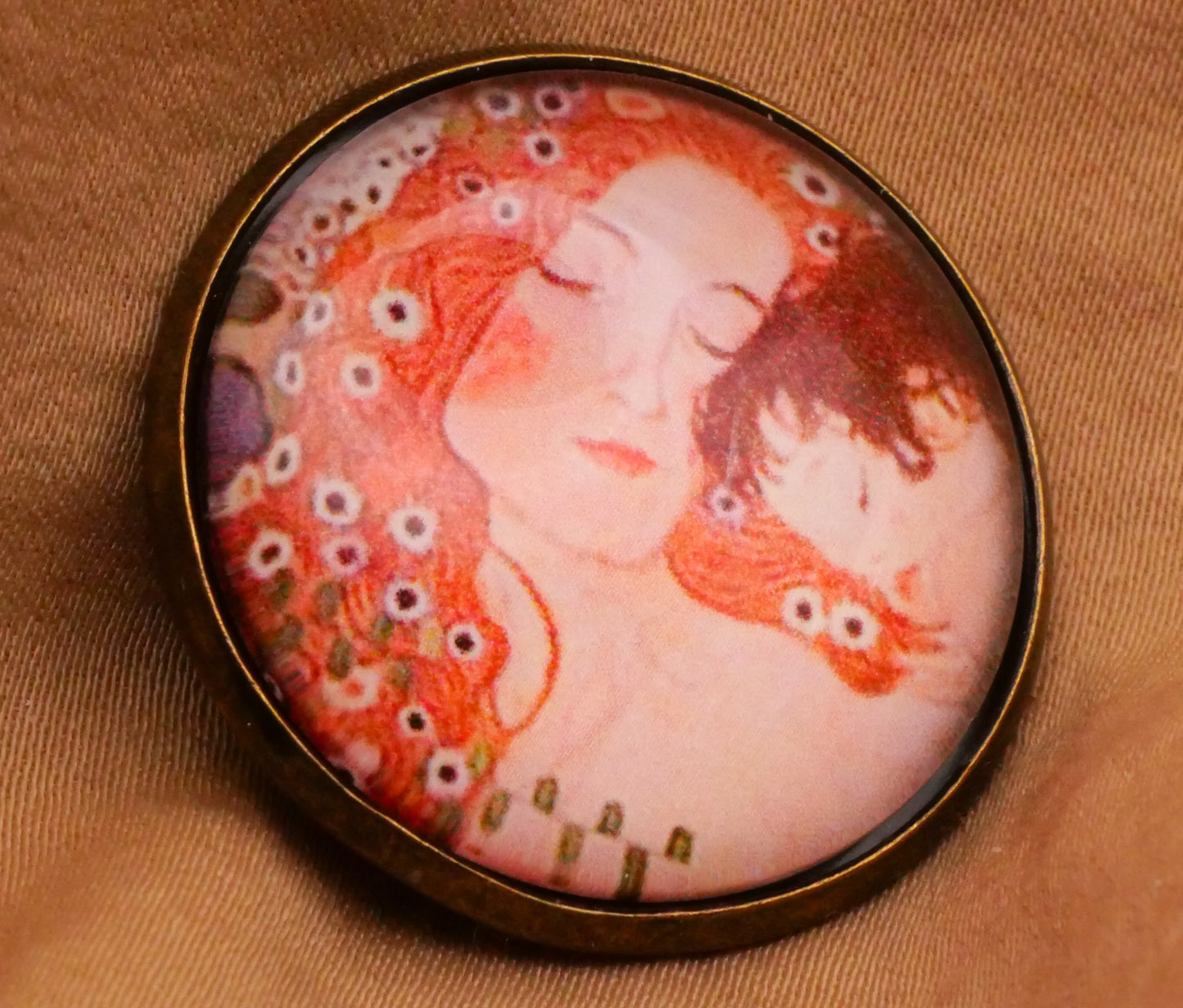 Mother and Child Gustav Klimt Artist Glass Dome Bronze Metal Button 28mm