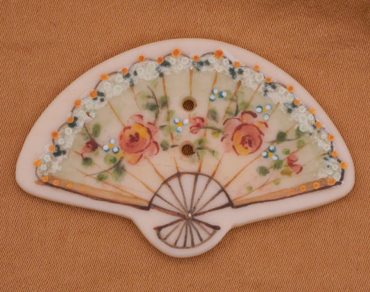 Fan Roses Lace Mint Green Pink Hand-Painted Porcelain Ceramic Button 31x47mm